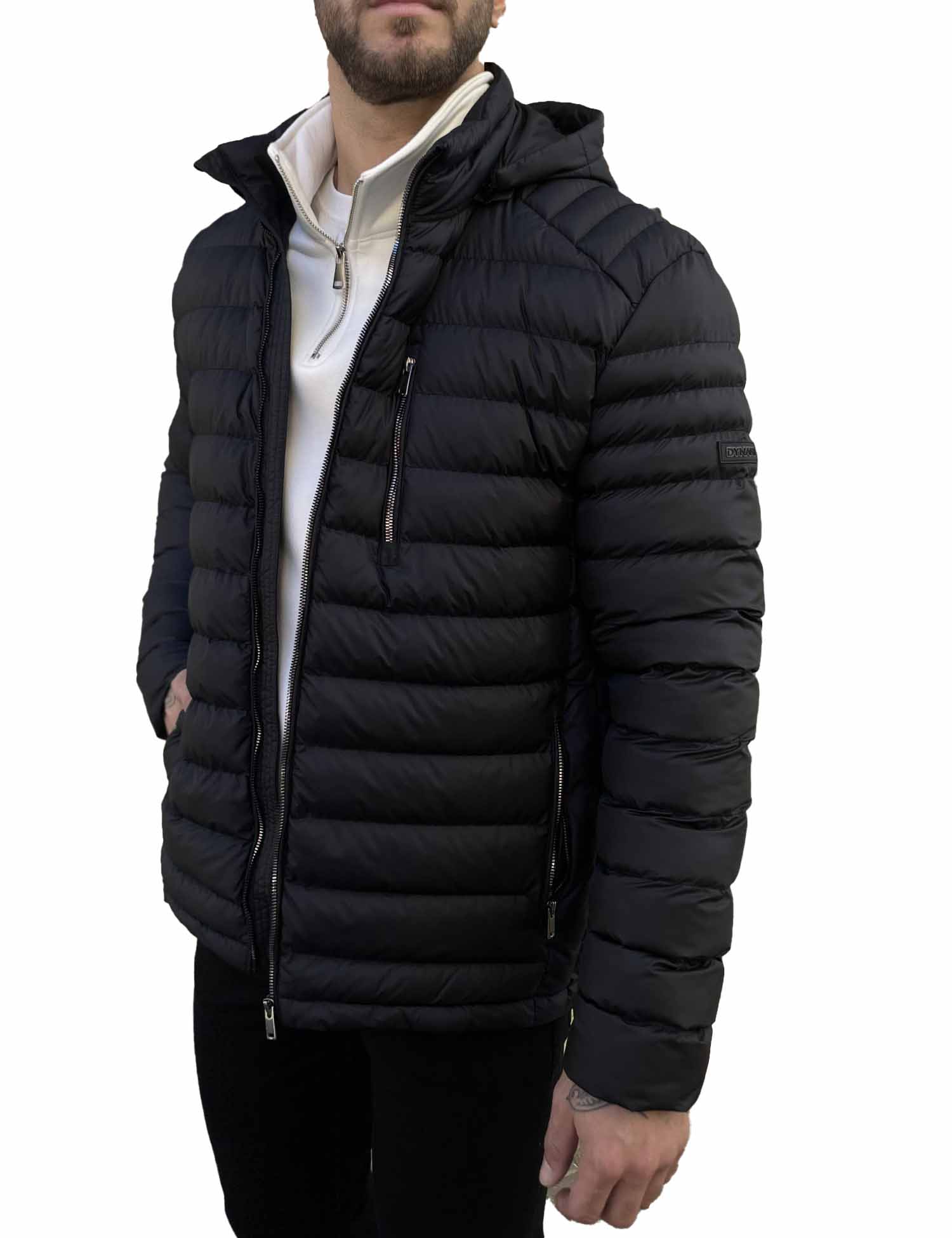 Ανδρικό μαύρο καπιτονέ μπουφάν με αποσπώμενη κουκούλα D3079 φωτογραφία